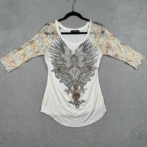 Y2K Angels & Diamonds Trust Top Sequin Lace Sleeve Rhinestone Cross Wings USA L